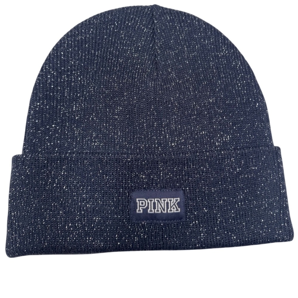 Victoria's Secret PINK Navy Blue Metallic Silver Sparkle Knit Cuffed Beanie Hat